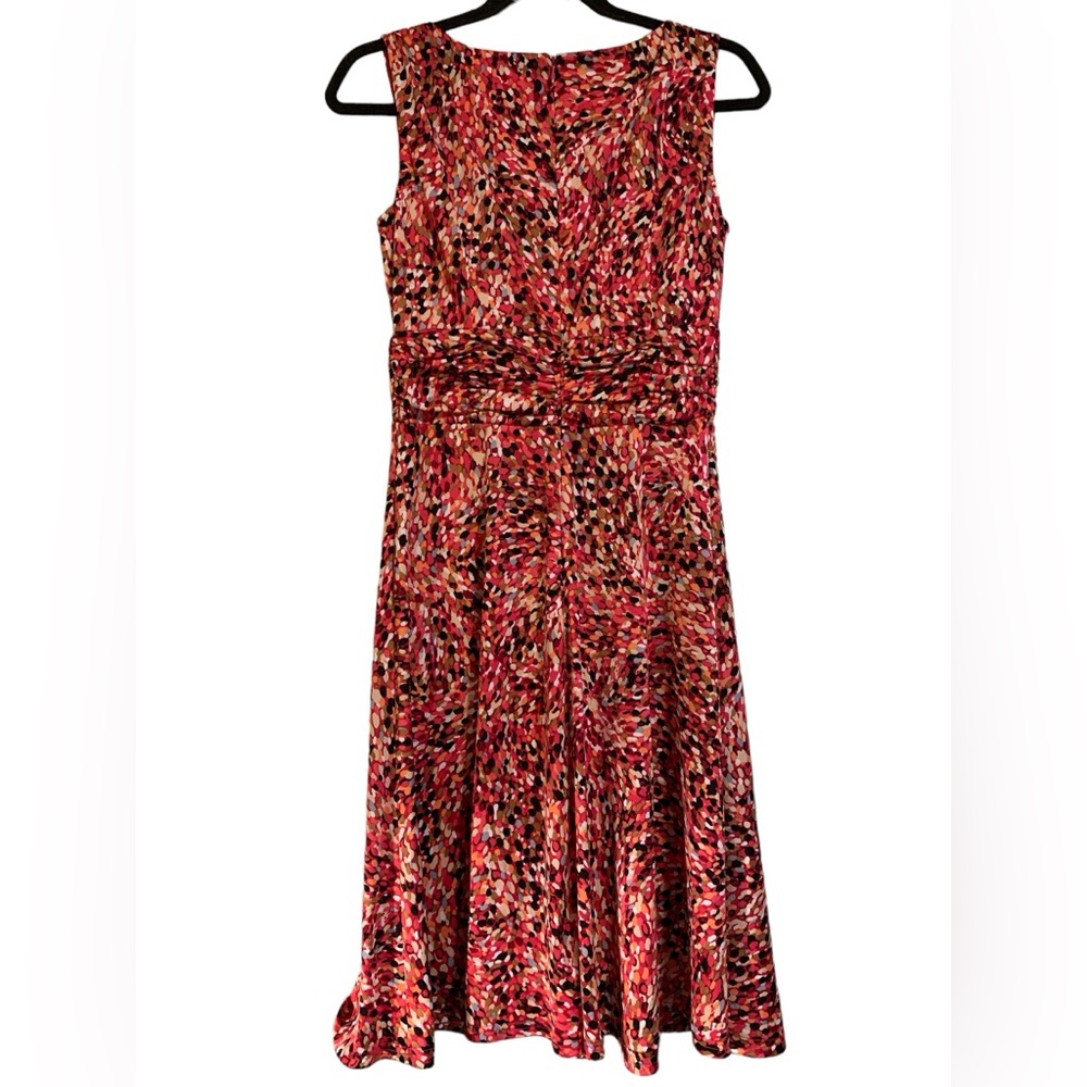 Orvis size 6 ruched fit and flare abstract art print dress pink coral midi - Picture 2 of 6